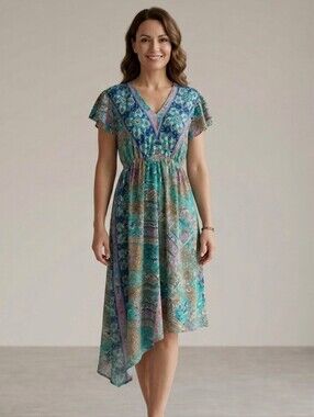 Boho Turquoise Floral Print V-Neck Midi Dress 100% Silk